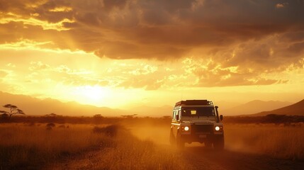Fototapeta premium A rugged vehicle drives through golden savannah under a breathtaking sunset, capturing the essence of adventure and exploration.