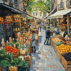 Obraz premium Vibrant European Street Market with Fresh Produce and Crowds
