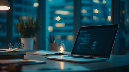 Naklejka premium Late night work at a modern office with a glowing laptop and ambient city lights in view