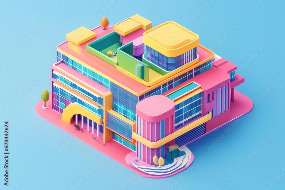 Poster a colorful, modern building design with various levels and green spaces.
