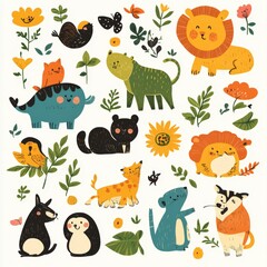 Obraz premium Cute Animal Illustration Set with Flowers and Leaves