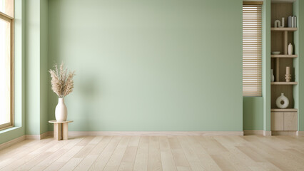 Empty room ,Minimalist living room With wood furniture and minimalist decorate with green wall background ,3d render