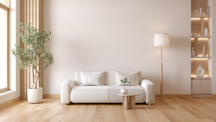 Minimalist living room with white sofa and coffee table near floor lamp with plant  ,wood furniture and minimalist decor with white wall background .3d render