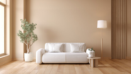 Minimalist living room with white sofa and coffee table near floor lamp with plant  ,wood furniture and minimalist decor with warm cozy white wall background .3d render