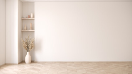 Empty room ,Minimalist living room With wood  shelves, white wall background .3drender