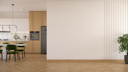 White  wall mockup with  modern kitchen  and dinning table have contemporary chair with  ceiling lamp and wood floor.3d render