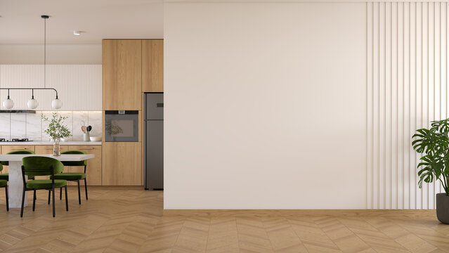White  wall mockup with  modern kitchen  and dinning table have contemporary chair with  ceiling lamp and wood floor.3d render