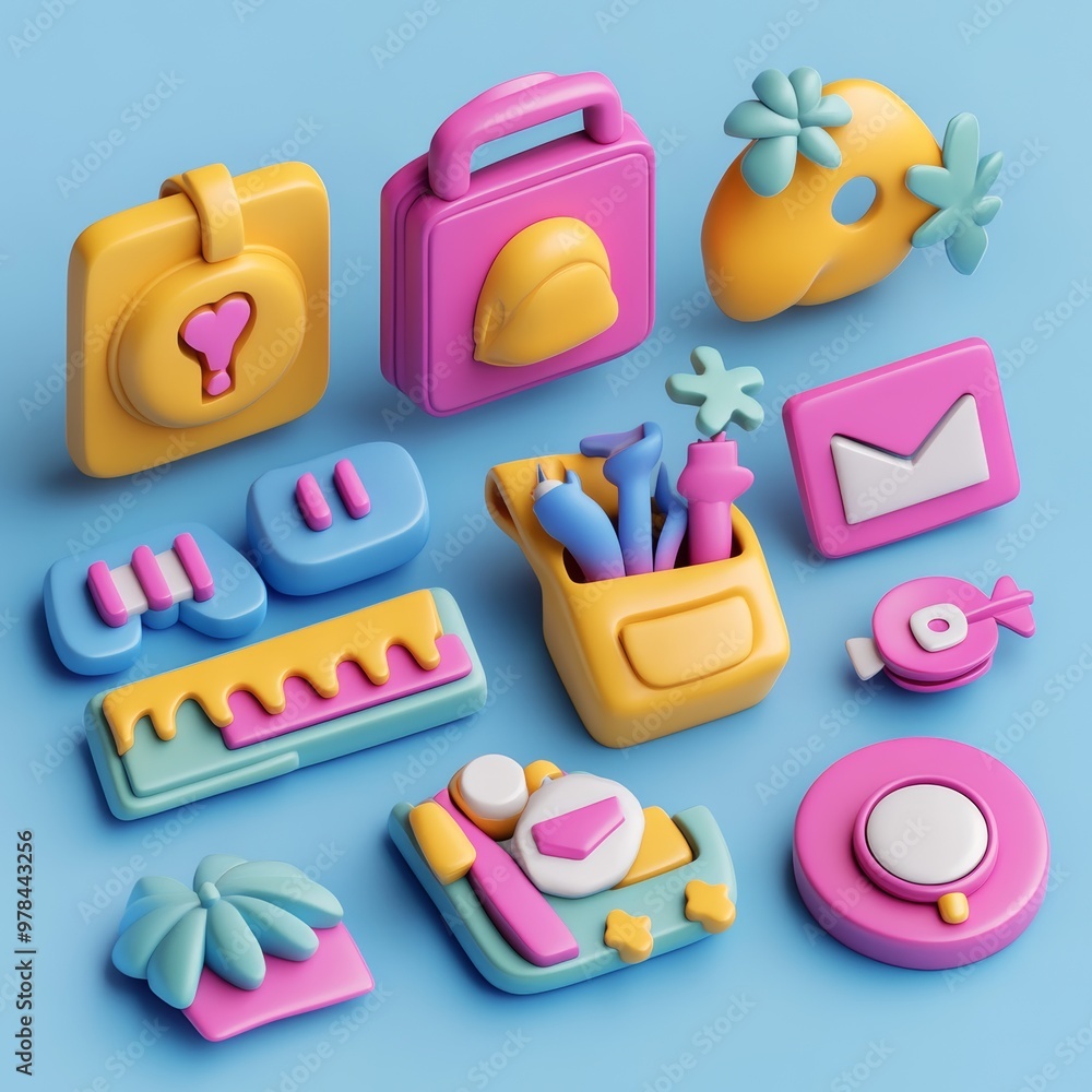 Poster colorful 3d icons set ui design elements on blue background