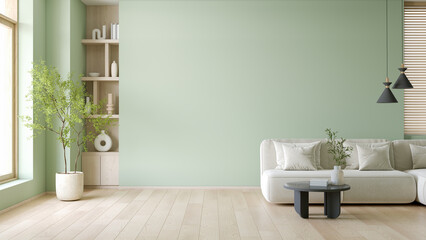 Minimalist living room With modern sofa and coffee table near floor lamp with plant , minimalist decorate with green wall background ,3d render