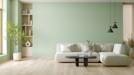 Minimalist living room With modern sofa and coffee table near floor lamp with plant , minimalist decorate with green wall background ,3d render
