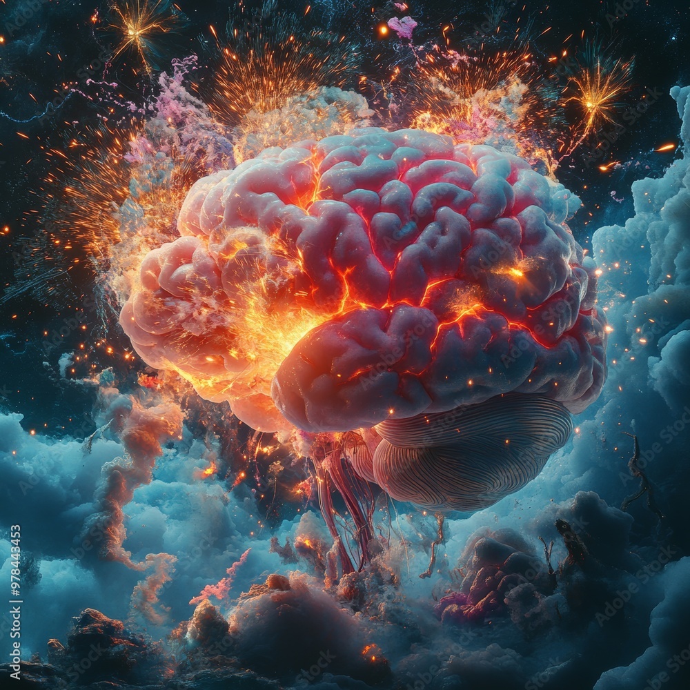 Poster exploding brain with sparks and clouds concept art