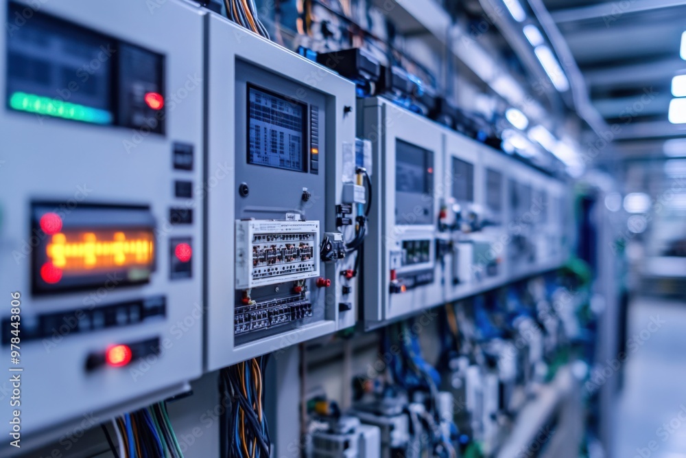 Poster a high-tech industrial setting with rows of electrical panels, circuit breakers, and control systems