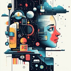 Abstract Futuristic Portrait with Technology and Data Elements