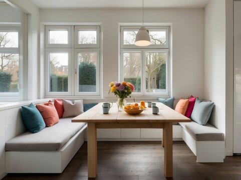 Modern dining nook with built-in banquette seating and wooden table