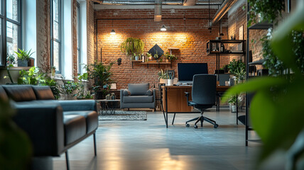 Obraz premium Modern workspace with plants and brick walls in a well-lit office during the afternoon