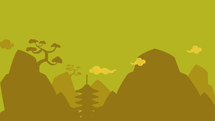 chinese dark background traditional hill. Japanese traditional ninja temple hill background. Dark yellow background temple
