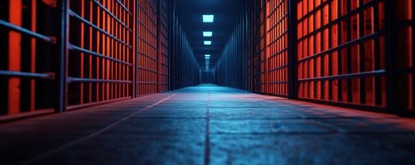 An eerie prison corridor with orange and blue lighting, showcasing cells on either side and a mysterious atmosphere.