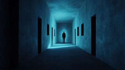 Eerie corridor with a shadowy figure, illuminated by blue light, creates a mysterious and suspenseful atmosphere.