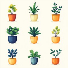 Illustration of Nine Potted Plants with Green Leaves