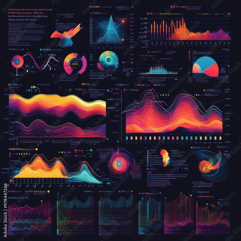 Poster futuristic digital interface with colorful data visualizations