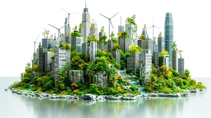 Obraz premium Green Cityscape: A miniature city model with wind turbines and lush greenery, symbolizing a sustainable future. The image evokes hope for a cleaner, greener world. 