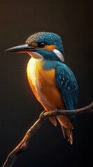 Fototapeta premium A vibrant kingfisher perched on a branch, showcasing brilliant blue and orange feathers against a dark background.
