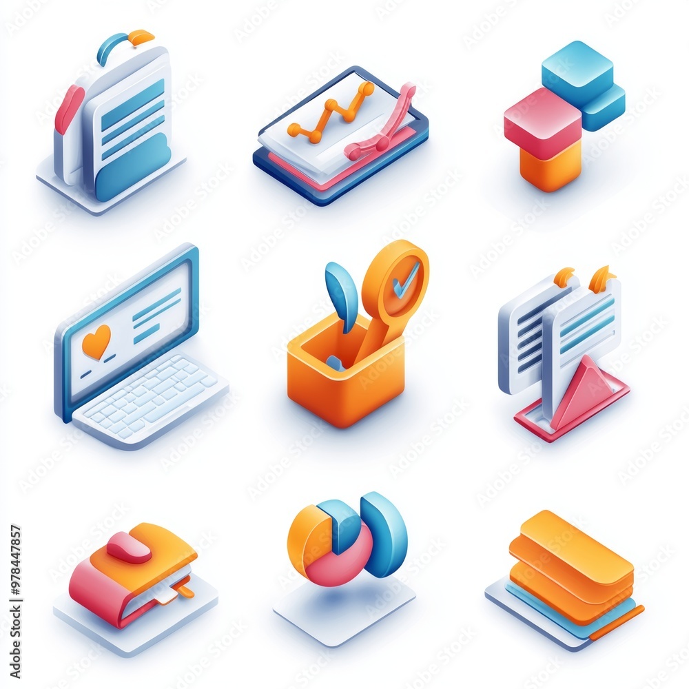 Aufkleber isometric 3d business icons set website development strategy marketing growth analysis data charts g