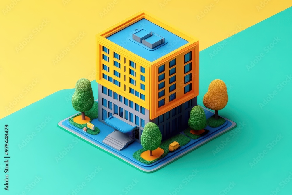 Poster a colorful, stylized building surrounded by trees and pathways in a vibrant setting.