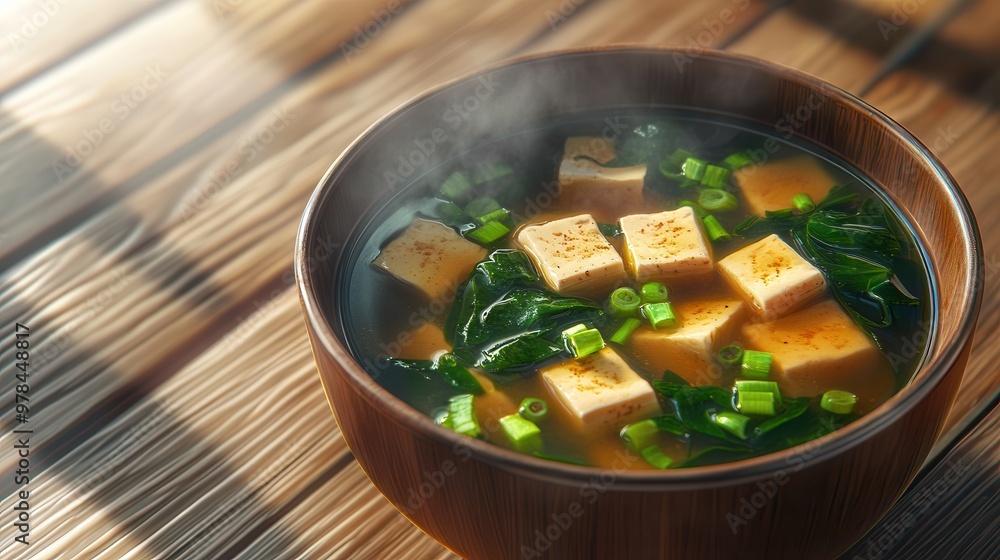 Wall mural a warm bowl of tofu soup with steamed greens, highlighting a nourishing meal with fresh ingredients 