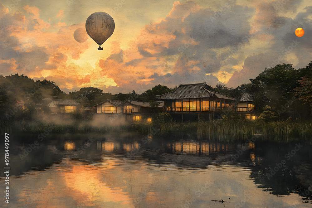 Wall mural Tranquil Japanese landscape with hot air balloon, a lake, and houses in the distance.