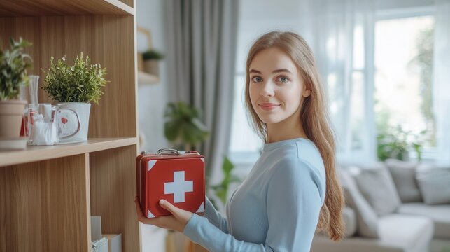 A young woman in a cozy interior holding a red first aid kit, showcasing health and safety in a modern home environment.