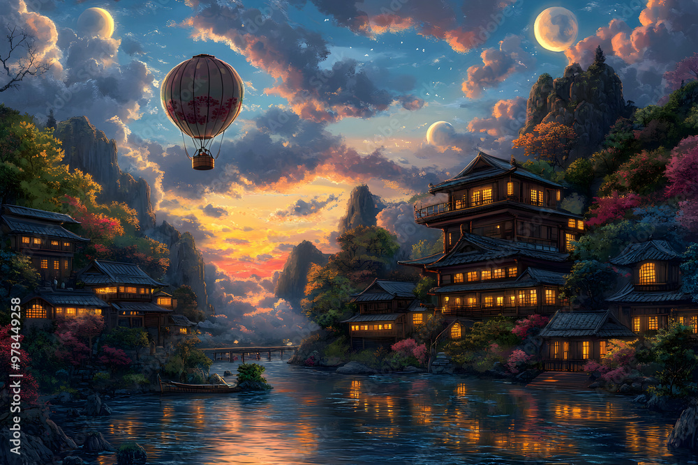 Wall mural a hot air balloon floats above a serene village nestled between mountains.