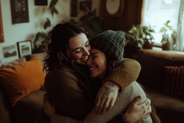 Close Friends Sharing a Warm Hug Indoors