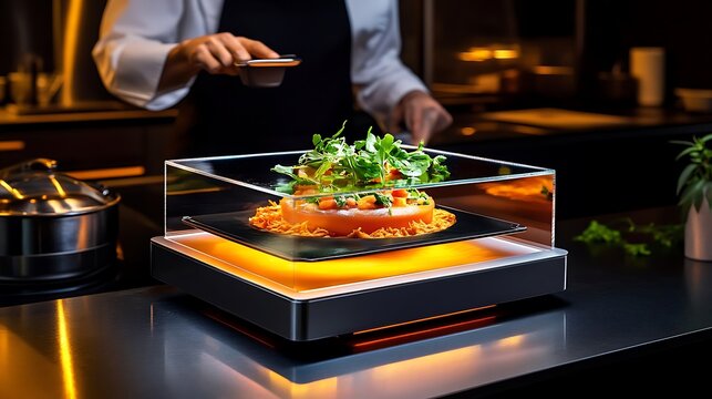 Advanced 3D Food Printer Crafting Gourmet Meal Under Chef s Supervision with Holographic Ingredients 