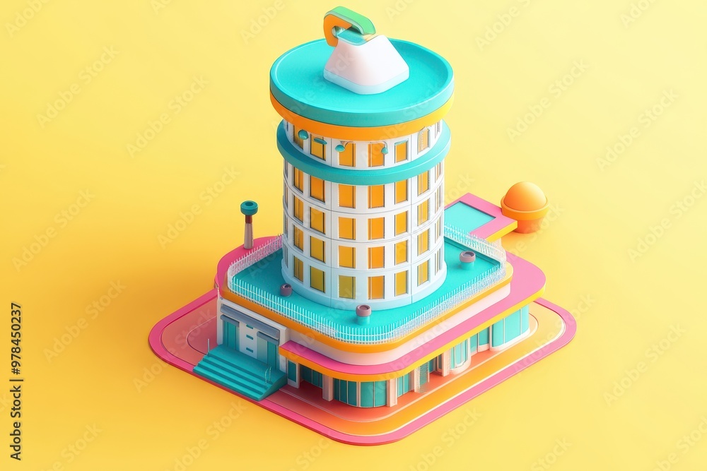 Poster a colorful, stylized building with a unique design and vibrant elements.