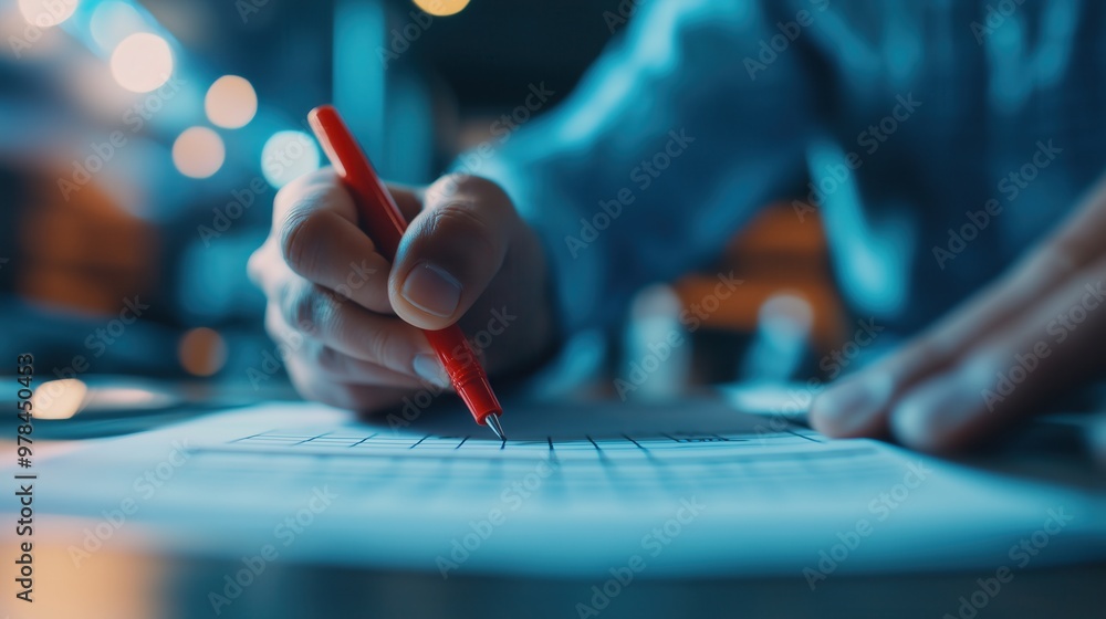 Poster close up of a person s hand writing on a document or report with a pen at a desk in an office or stu