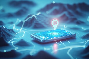 An innovative smartphone displaying a map interface with a GPS location marker and mountainous terrain in the background.