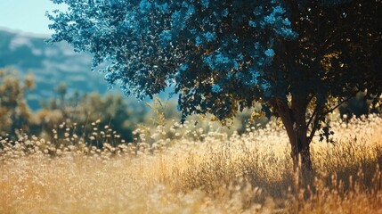 serene landscape, tree, blue foliage, golden grass, peaceful nature scene, outdoor tranquility, bright sunlight, summer vibes, idyllic setting, relaxing atmosphere