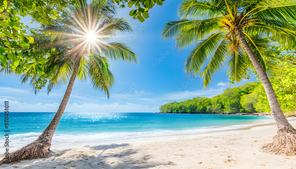 Wall mural idyllic tropical beach with palm trees framing the blue water and white sand.