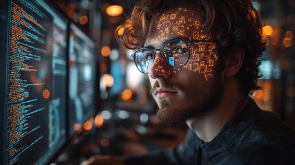 Cybersecurity Expert Analyzing Code in Dimly Lit Environment Generative AI