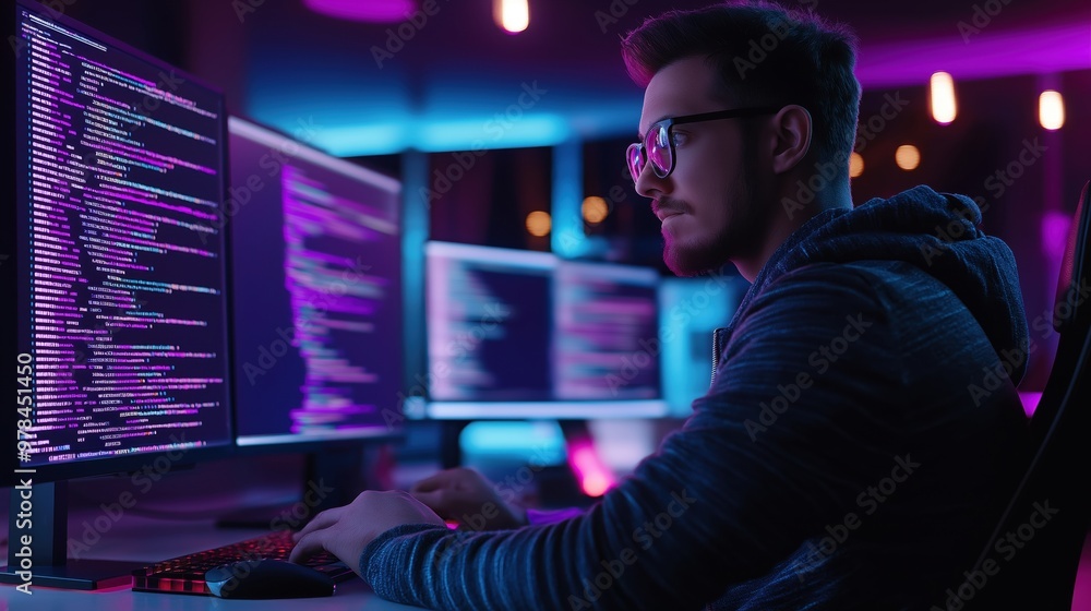 Poster focused software developer working on futuristic computer screens in dark neon lit tech workspace
