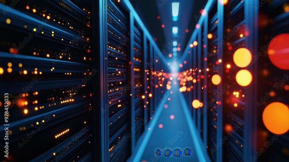 Poster illuminated data center server room with blurred motion technology backdrop