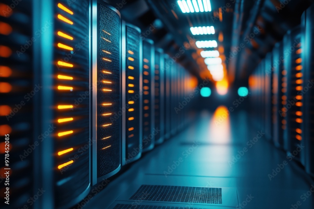Poster illuminated futuristic datacenter corridor with glowing server racks and bright technology infrastru