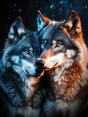 Obraz premium Close-up of two majestic wolves in a mystical setting, showcasing their intense gaze and beautiful fur under a starry night.