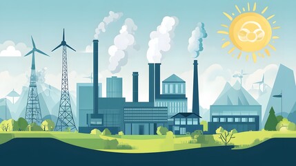 Obraz premium A city with a factory and a power plant with a sun in the sky. The sun is shining brightly and the sky is clear
