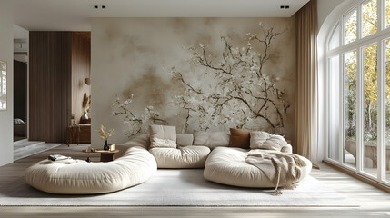 Modern Living Room Design with Beige Couch and Floral Wall Decor