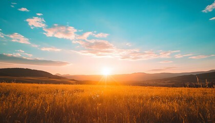 Golden field at sunset with mountains in the background.