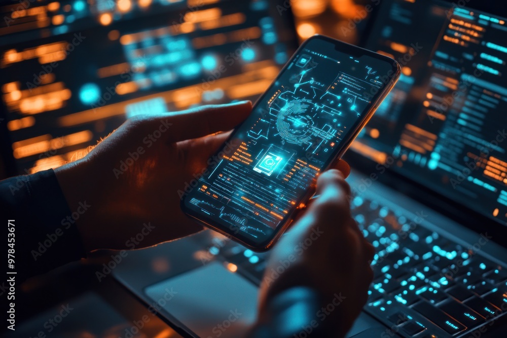 Poster cybersecurity: a close-up of a smartphone with a security interface