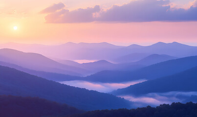 A mesmerizing sunrise paints the sky with hues of pink and purple, casting long shadows over rolling hills.