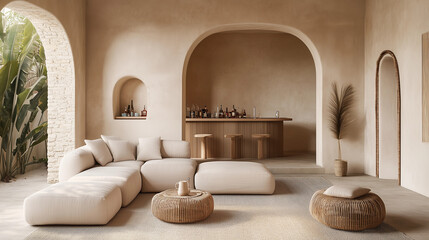 Elegant neutral Mediterranean Japandi living room arched wall minimalist decor cozy warm aesthetic natural elegant stylish home decor interior stylist room boho organic natural eco beige brown cream 